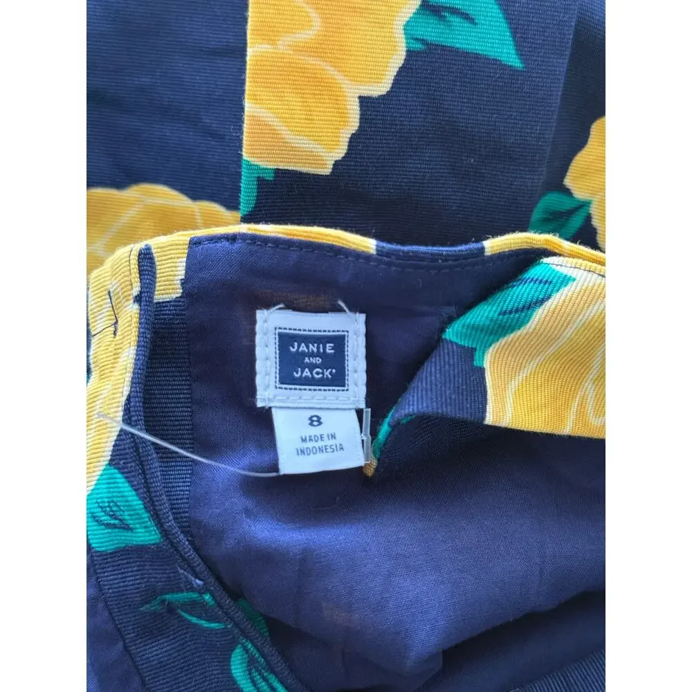 NWOT Janie and Jack Yellow Floral Dress Navy Blue Cotton Pleated Cross Back Sz 8